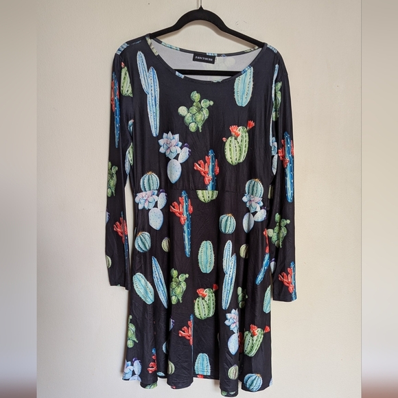 Fancyqube Cactus Swing Dress Casual Pleated Long Sleeve Size L - Picture 1 of 4